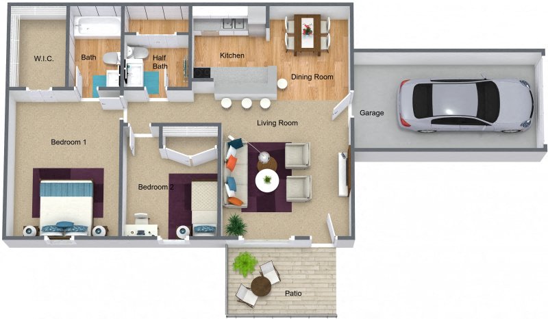 Floor plan for 2 beds, 1.5 baths, 936 sqft
